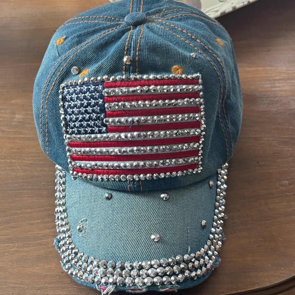 Denim Cap with American Flag and Rhinestones